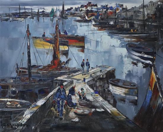 C. Ghazpides, oil on canvas, Fishing boats in harbour, signed, 52 x 64cm